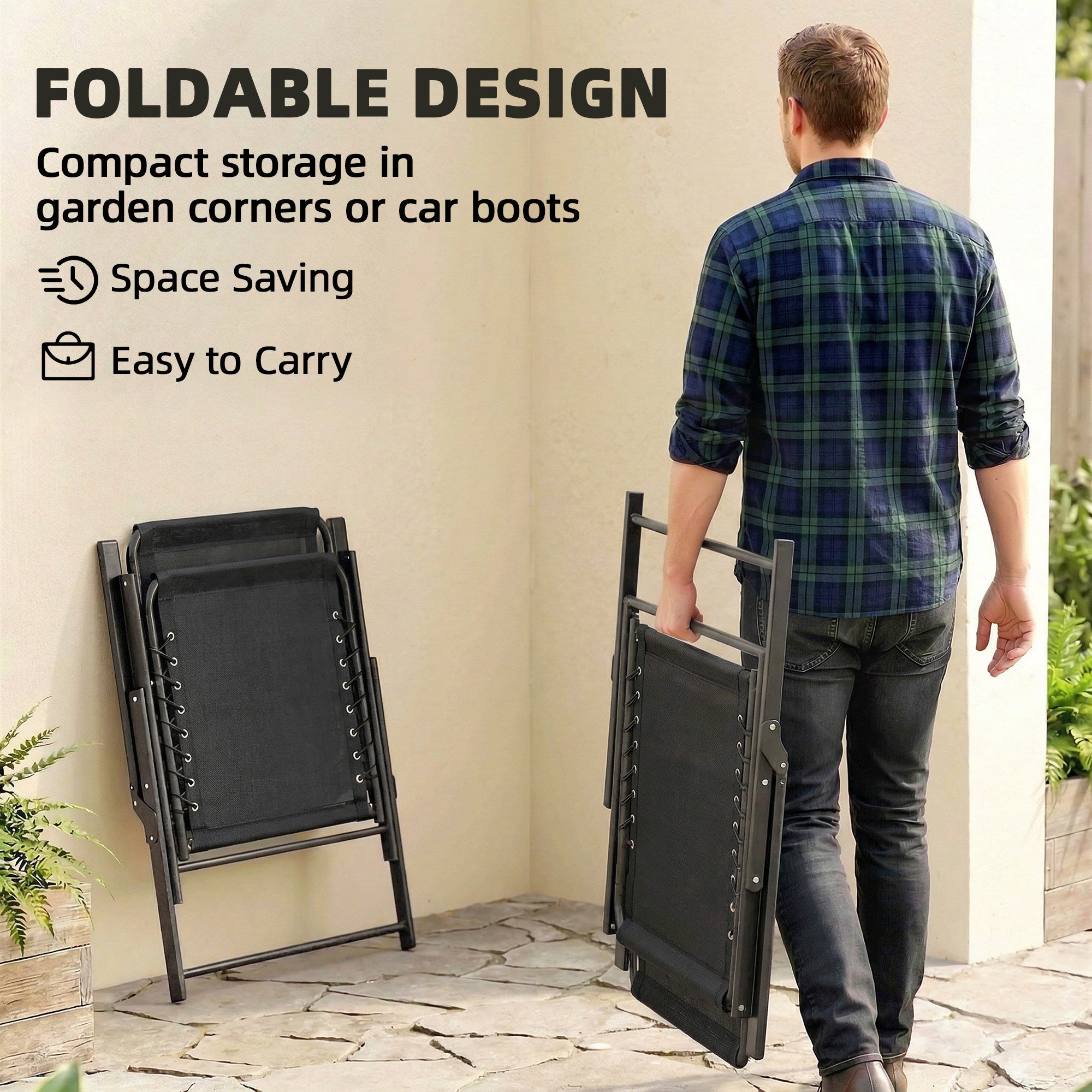 Black foldable outsunny garden chair with metal frame fabric seat and elastic bungee ropes for outdoor dining