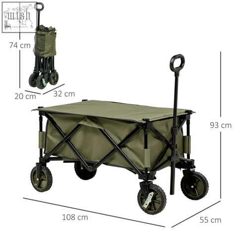Olive green outsunny folding garden trolley with steel frame, four wheels, and adjustable handle for camping and outdoor use