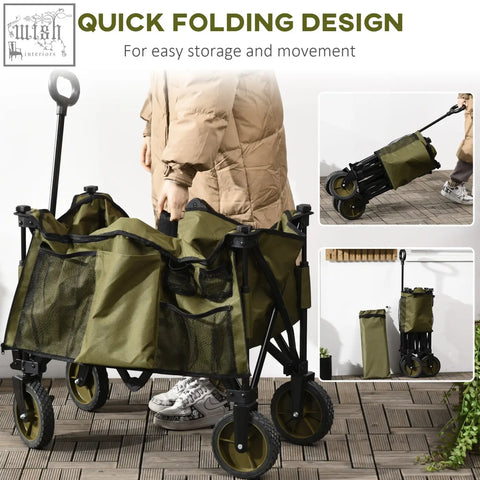 Olive green outsunny folding garden trolley with steel frame, four wheels, and adjustable handle for outdoor use