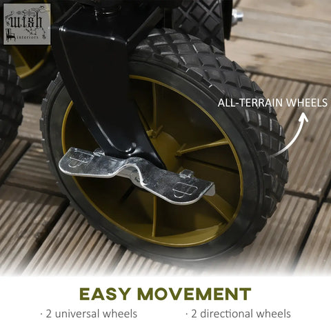 Black and gold all-terrain wheel with rugged tread on outsunny folding garden trolley with steel frame and four wheels