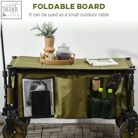 Olive green outsunny folding garden trolley with steel frame four wheels adjustable handle and multiple storage pockets