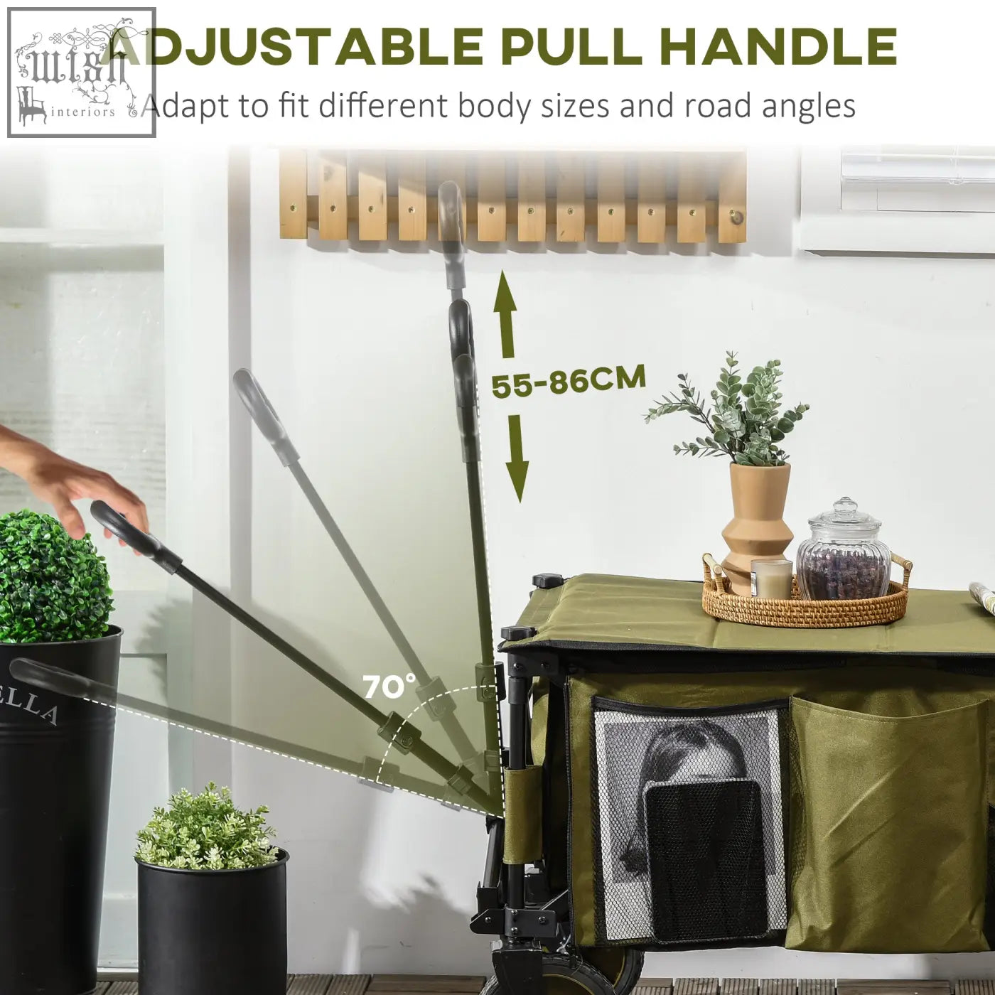 Adjustable pull handle on olive green outsunny folding garden trolley with steel frame and four wheels for easy use
