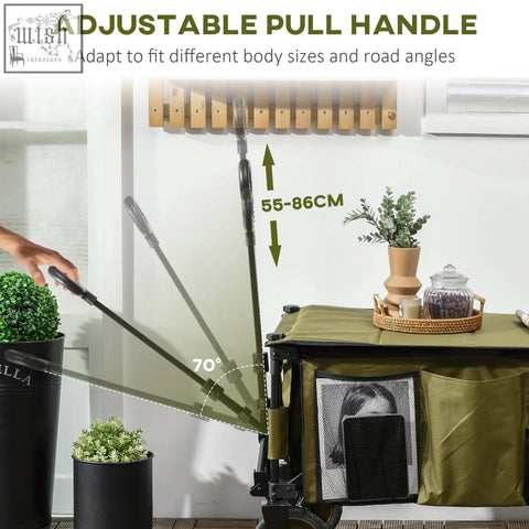 Adjustable pull handle on olive green outsunny folding garden trolley with steel frame and four wheels for easy use