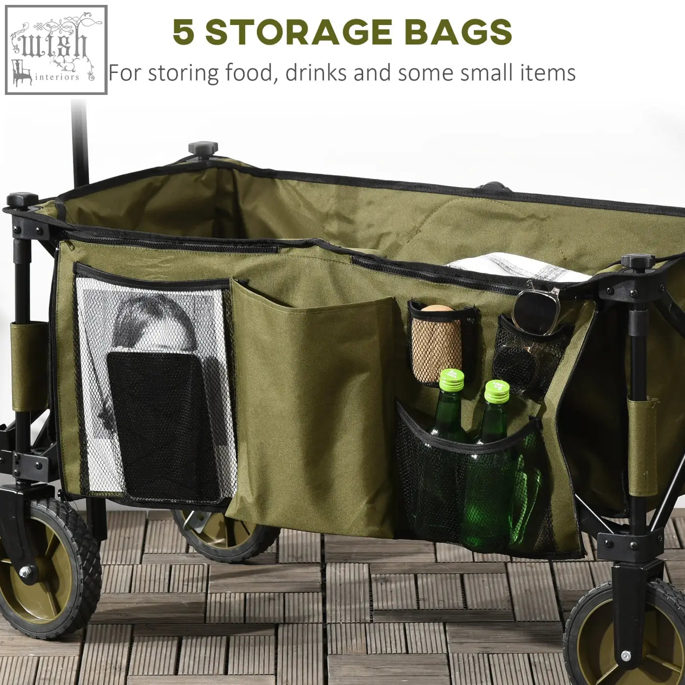 Olive green oxford fabric outsunny folding garden trolley with steel frame four wheels and adjustable handle for outdoor use