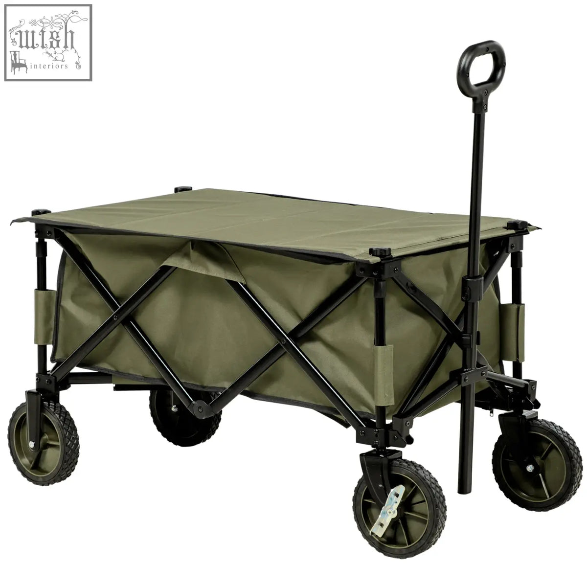 Olive green outsunny folding garden trolley with steel frame four wheels and adjustable handle for outdoor use