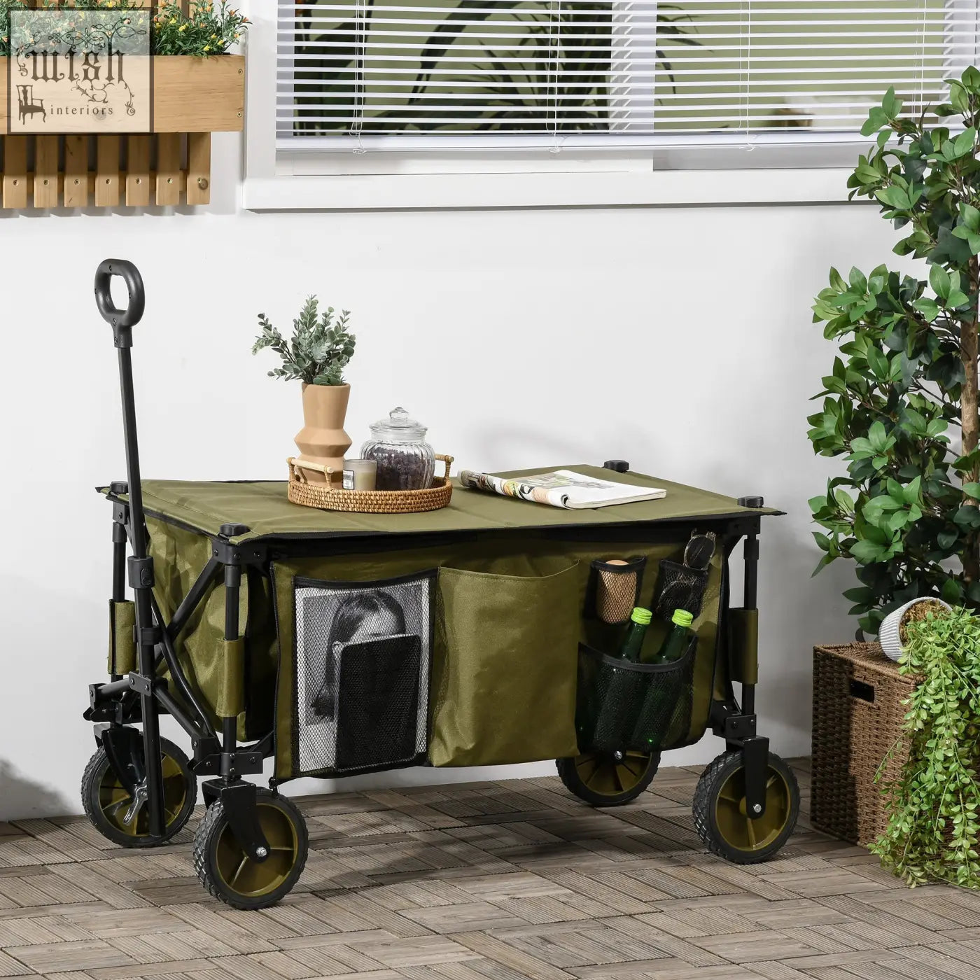Olive green outsunny folding garden trolley with steel frame, four wheels, and adjustable handle for outdoor use