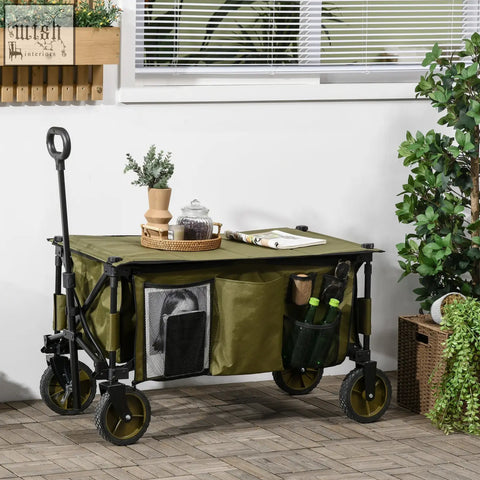Olive green outsunny folding garden trolley with steel frame, four wheels, and adjustable handle for outdoor use