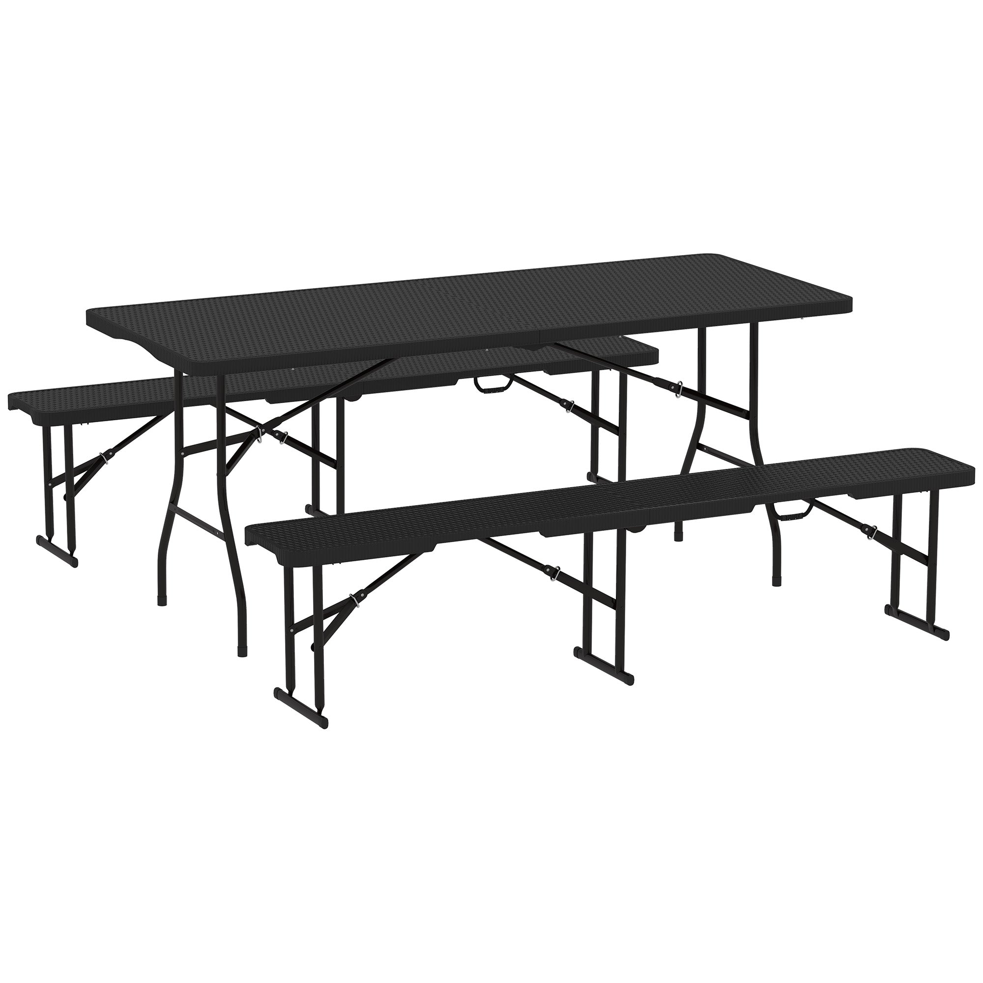 Black outsunny folding picnic table and bench set with rattan effect 180l x 74w perfect for indoor outdoor use