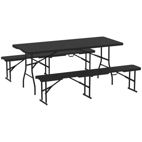 Black outsunny folding picnic table and bench set with rattan effect 180l x 74w perfect for indoor outdoor use
