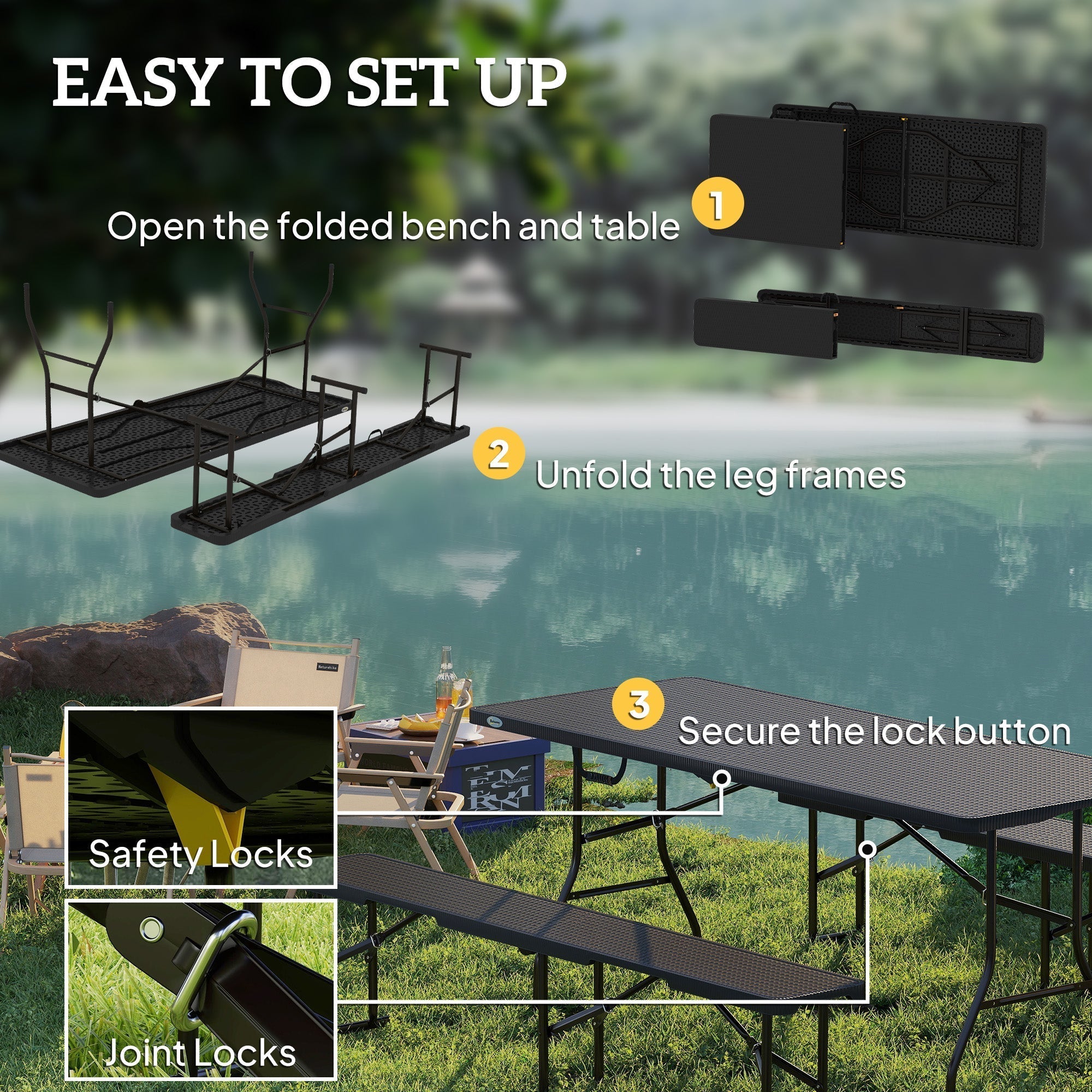 Black outsunny folding picnic table with rattan effect metal frame and textured surface 180l x 74w for outdoor use