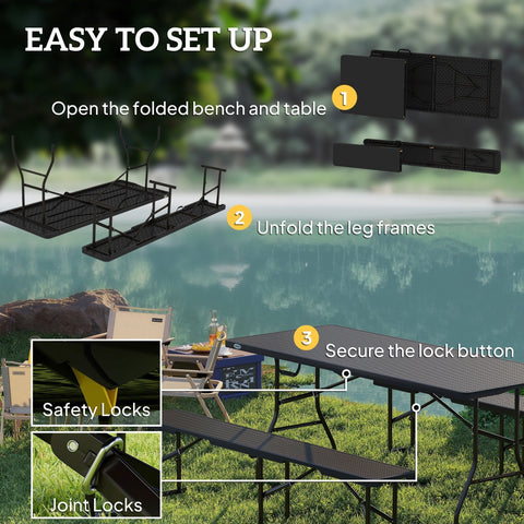 Black outsunny folding picnic table with rattan effect metal frame and textured surface 180l x 74w for outdoor use