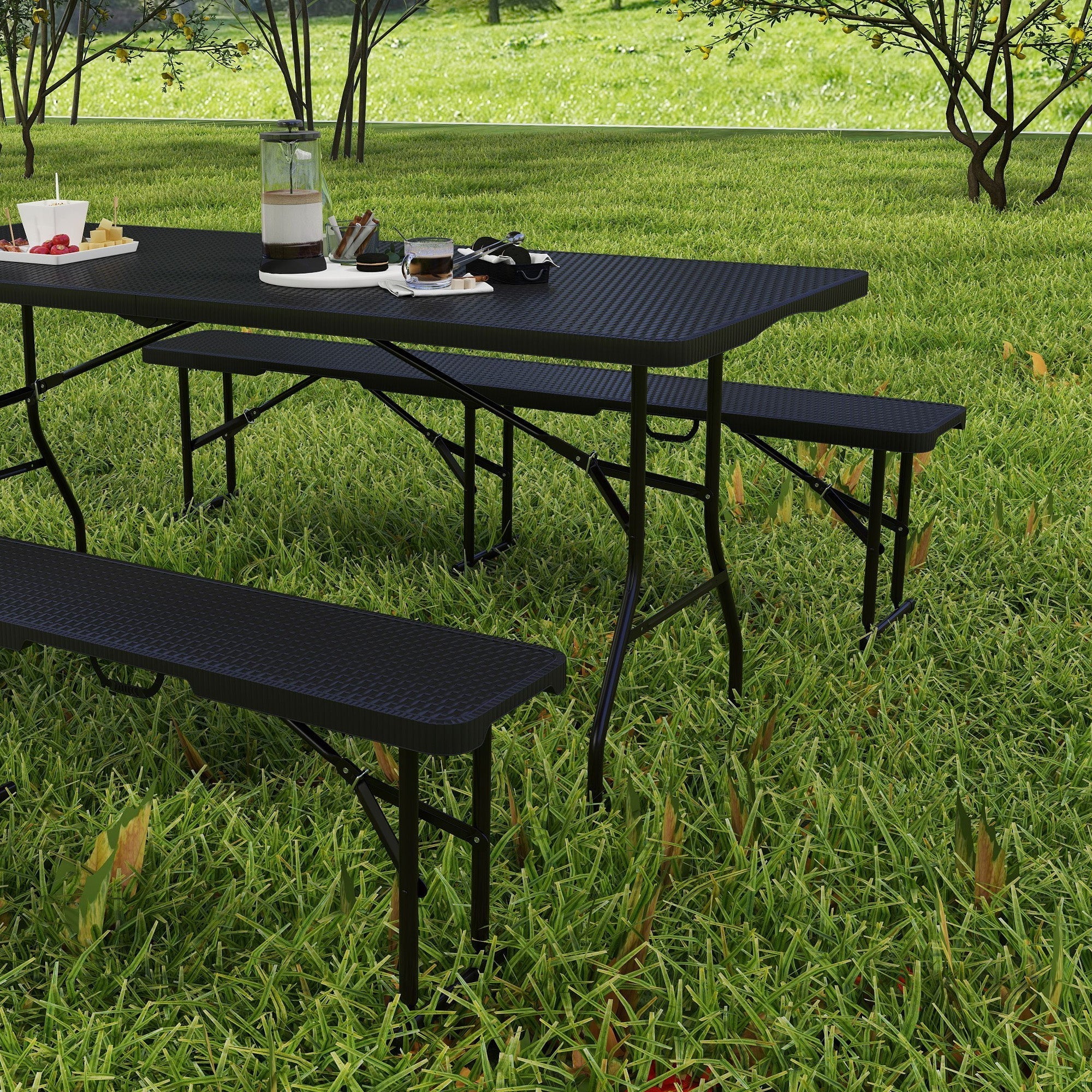 Black Outsunny folding picnic table and bench set with rattan effect textured surface 180l x 74w for indoor outdoor use