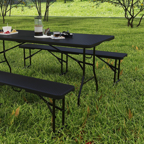 Black Outsunny folding picnic table and bench set with rattan effect textured surface 180l x 74w for indoor outdoor use