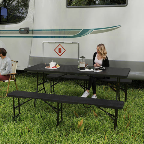 Outsunny folding picnic table and bench set in black textured plastic with rattan effect 180l x 74w for outdoor use