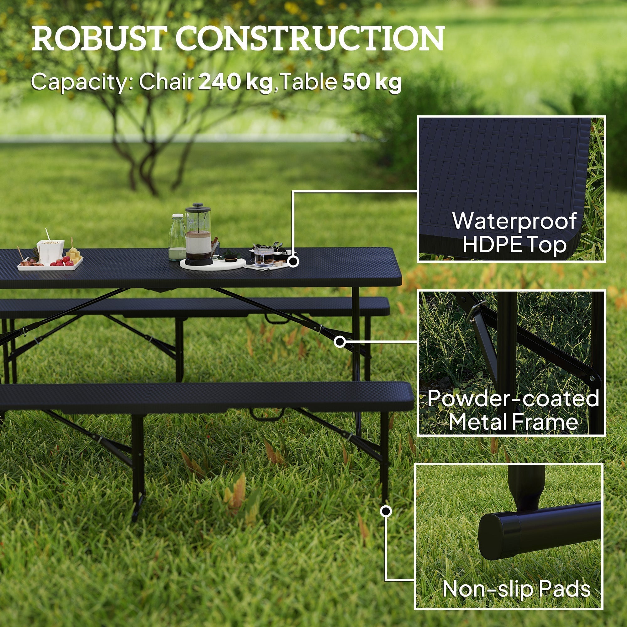 Outsunny folding black picnic table with waterproof hdpe rattan effect top and powder-coated frame 180l x 74w