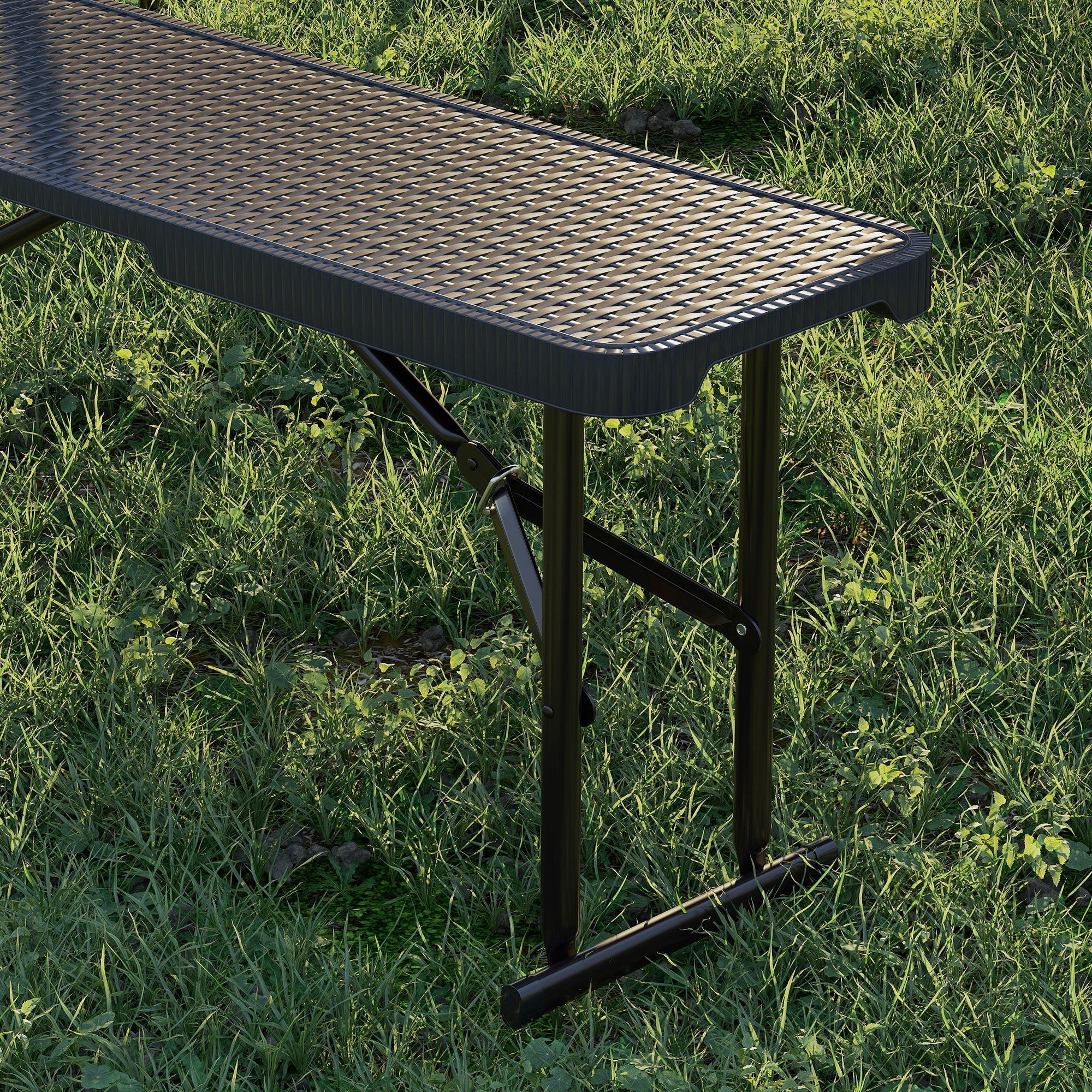 Black Outsunny folding picnic table with rattan effect top and metal legs 180l x 74w for indoor outdoor use