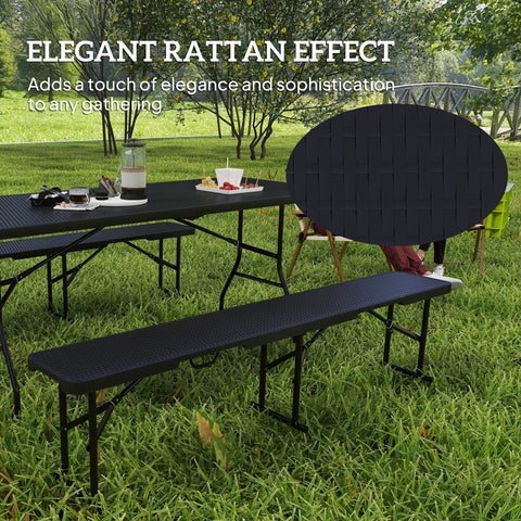 Black outsunny picnic table with foldable metal frame and rattan effect surface 180l x 74w for outdoor use