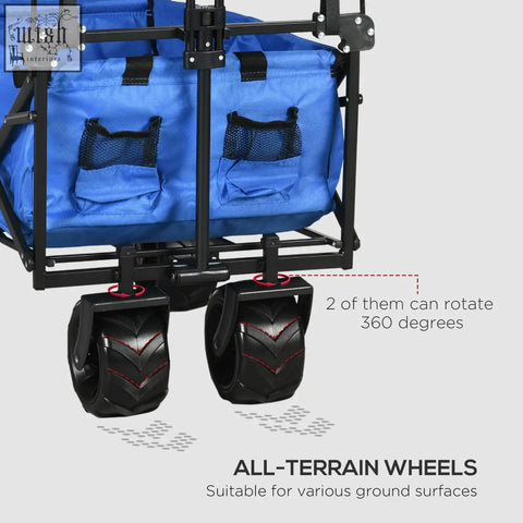 Outsunny blue fabric cargo cart with black metal frame, all-terrain wheels, large main compartment, outer pocket, and cup holder