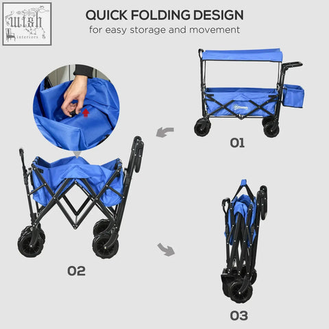 Blue outsunny folding trolley cart with black metal frame, large main storage, outer pocket, cup holder, and foldable canopy