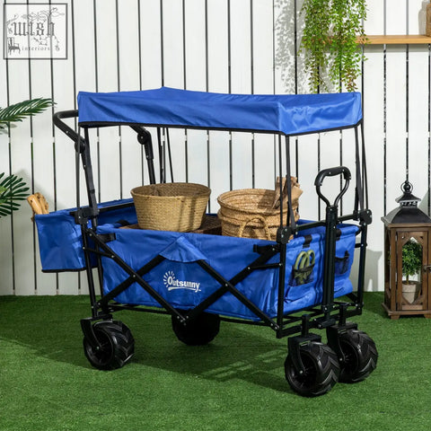 Blue outsunny folding trolley cart wagon with black metal frame large main compartment outer pocket and overhead canopy
