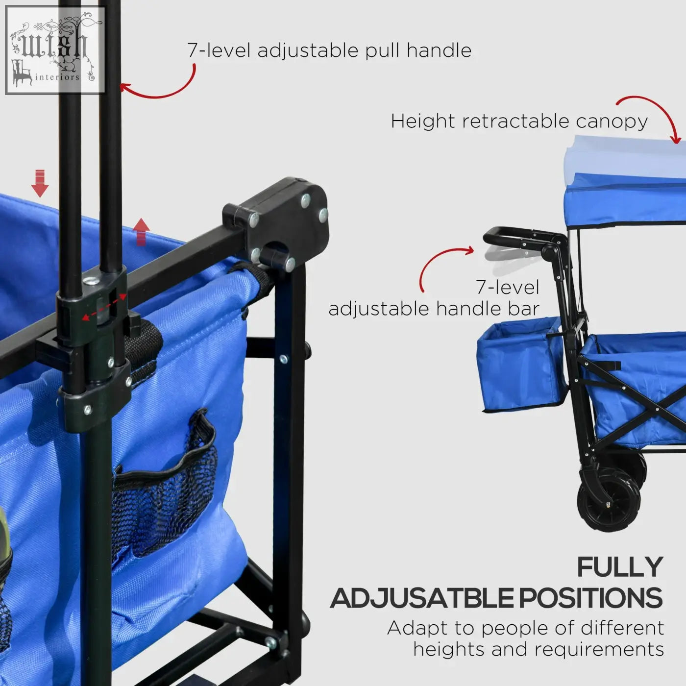 Outsunny folding trolley cart with blue fabric, black metal frame, large main compartment, outer pocket, and cup holder