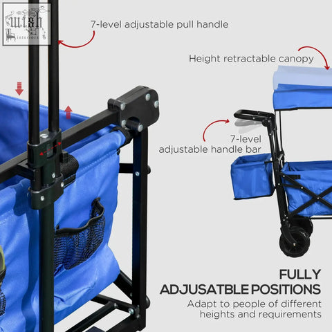 Outsunny folding trolley cart with blue fabric, black metal frame, large main compartment, outer pocket, and cup holder