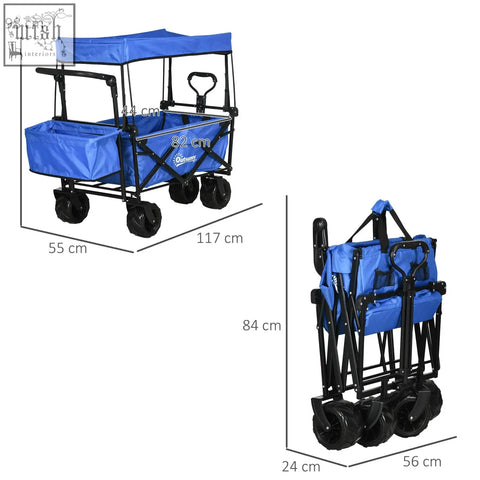 Blue outsunny folding trolley cart with metal frame, large main canopy, outer pocket, and cup holder for camping use