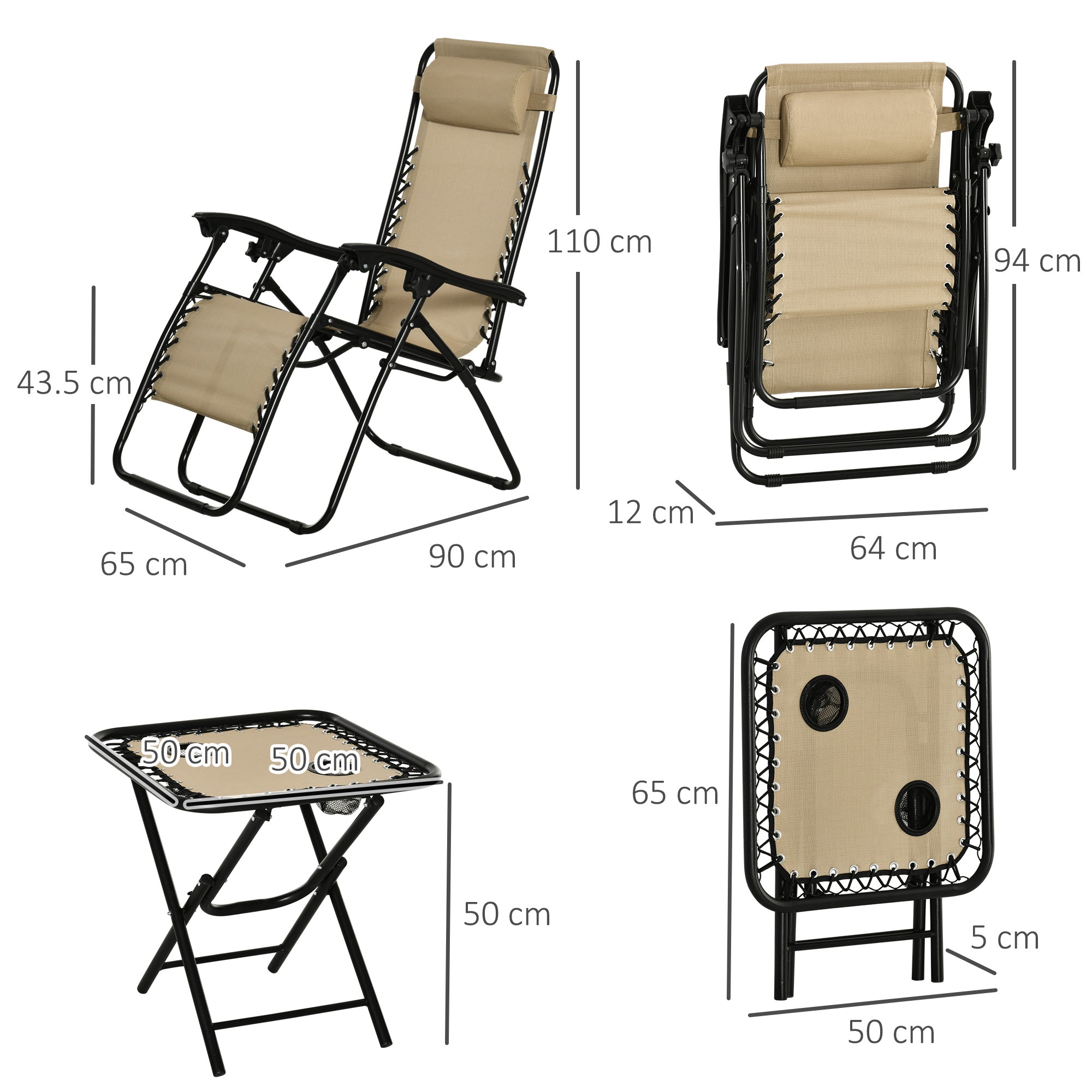 Beige outsunny folding zero gravity reclining garden chairs with breathable mesh fabric and matching black metal foldable table