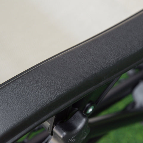Close-up of black textured plastic frame of outsunny reclining garden chairs with breathable mesh fabric for patio use