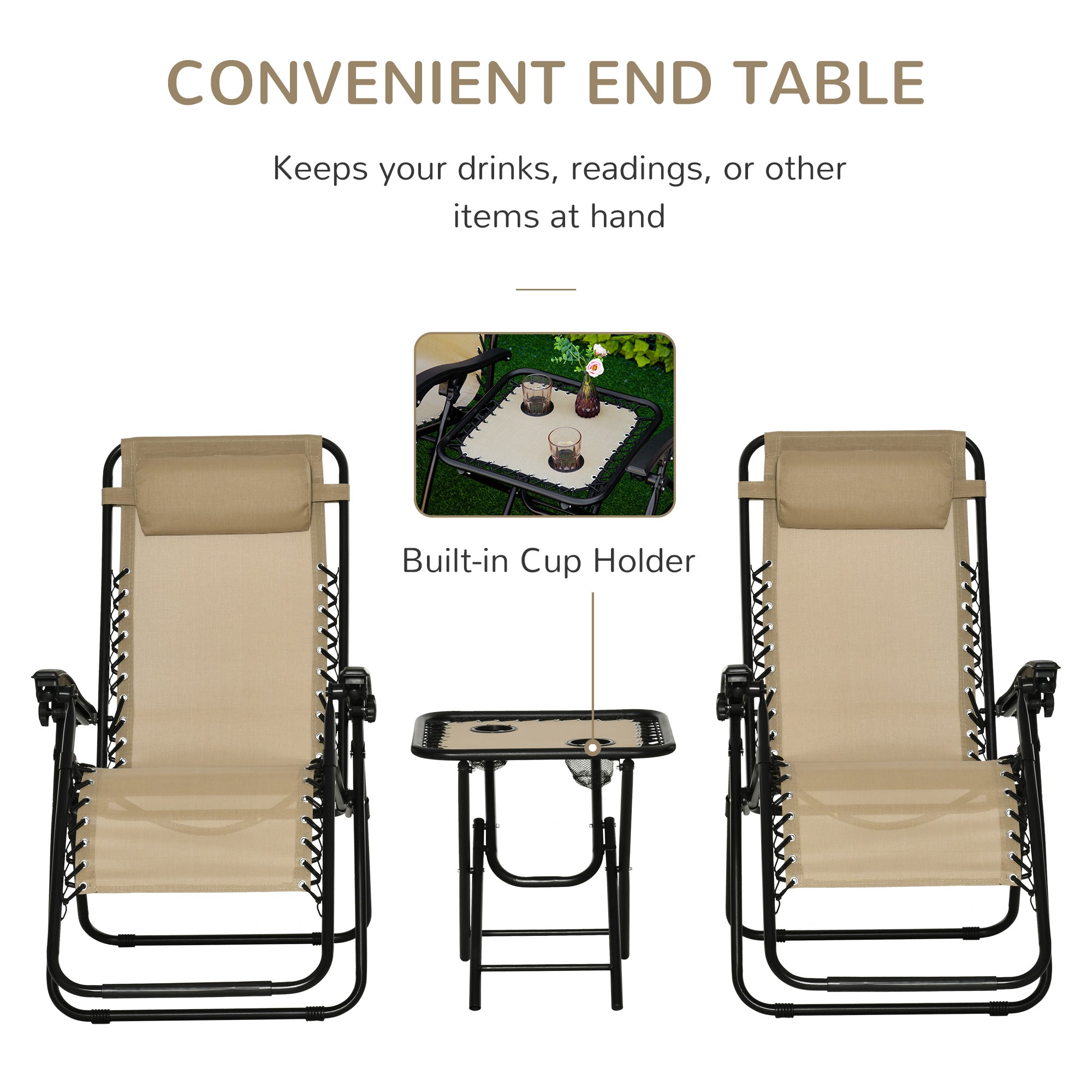 Beige outsunny folding zero gravity reclining garden chairs with breathable mesh fabric black metal frame and cup holder