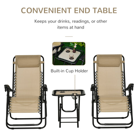Beige outsunny folding zero gravity reclining garden chairs with breathable mesh fabric black metal frame and cup holder