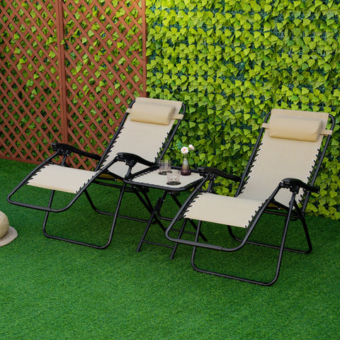 Set of two beige breathable mesh fabric reclining garden chairs with black frames on artificial grass outdoors