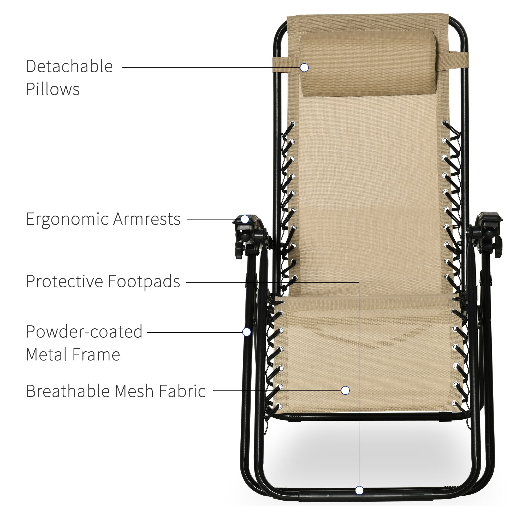 Beige breathable mesh fabric reclining garden chairs with black metal frame and detachable pillows for patio use