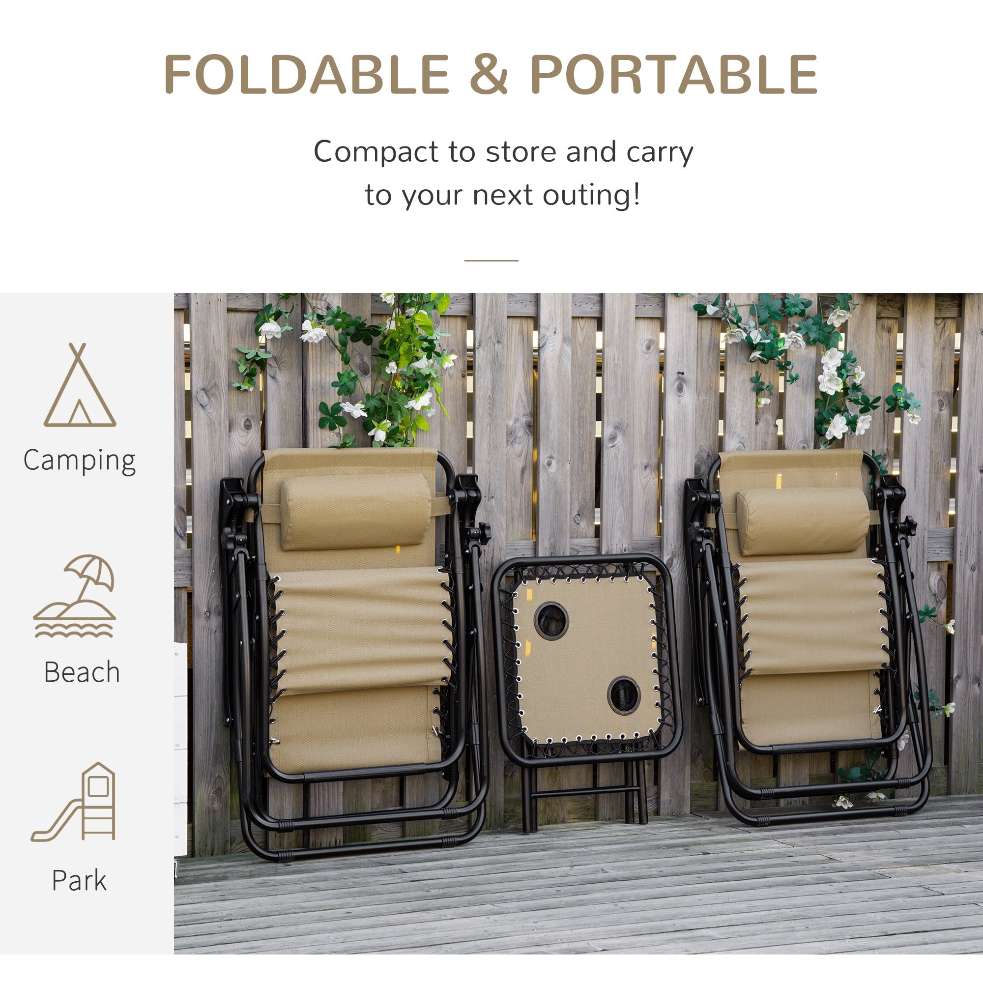 Beige outsunny folding zero gravity reclining garden chairs with breathable mesh fabric and black metal frames for outdoor use