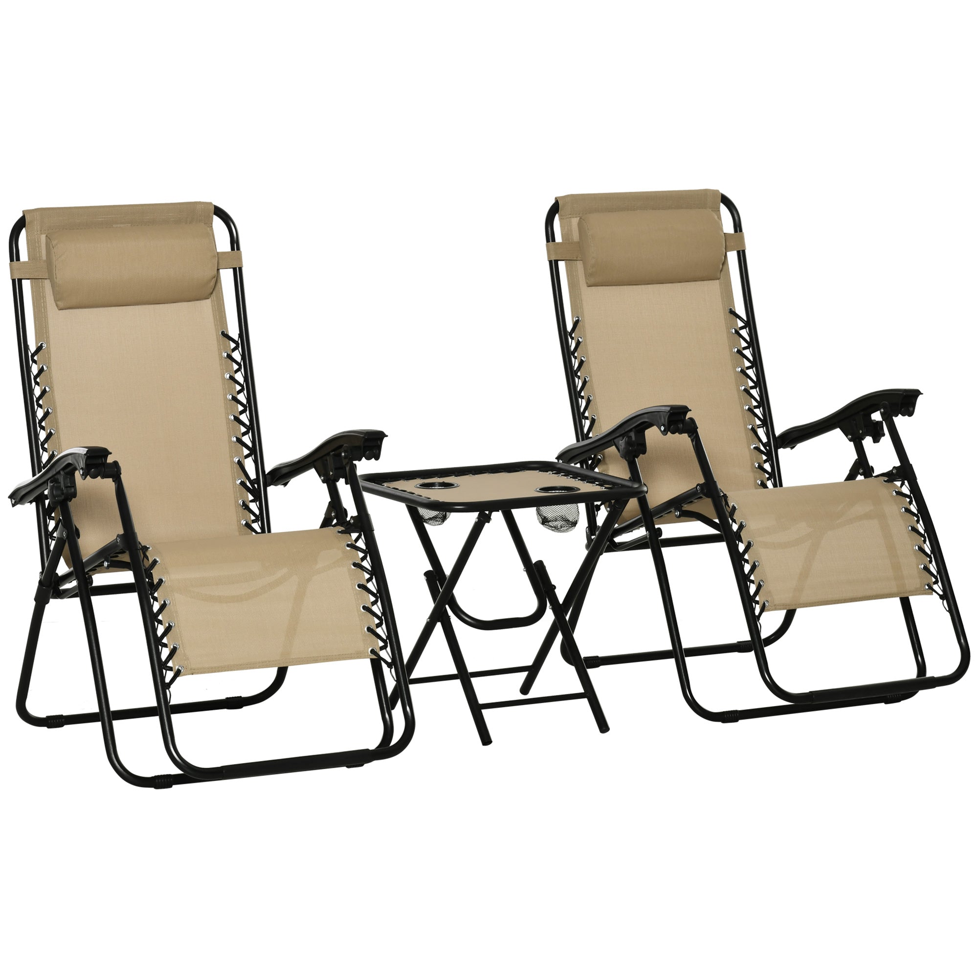 Beige outsunny folding zero gravity reclining garden chairs with breathable mesh fabric and adjustable headrests
