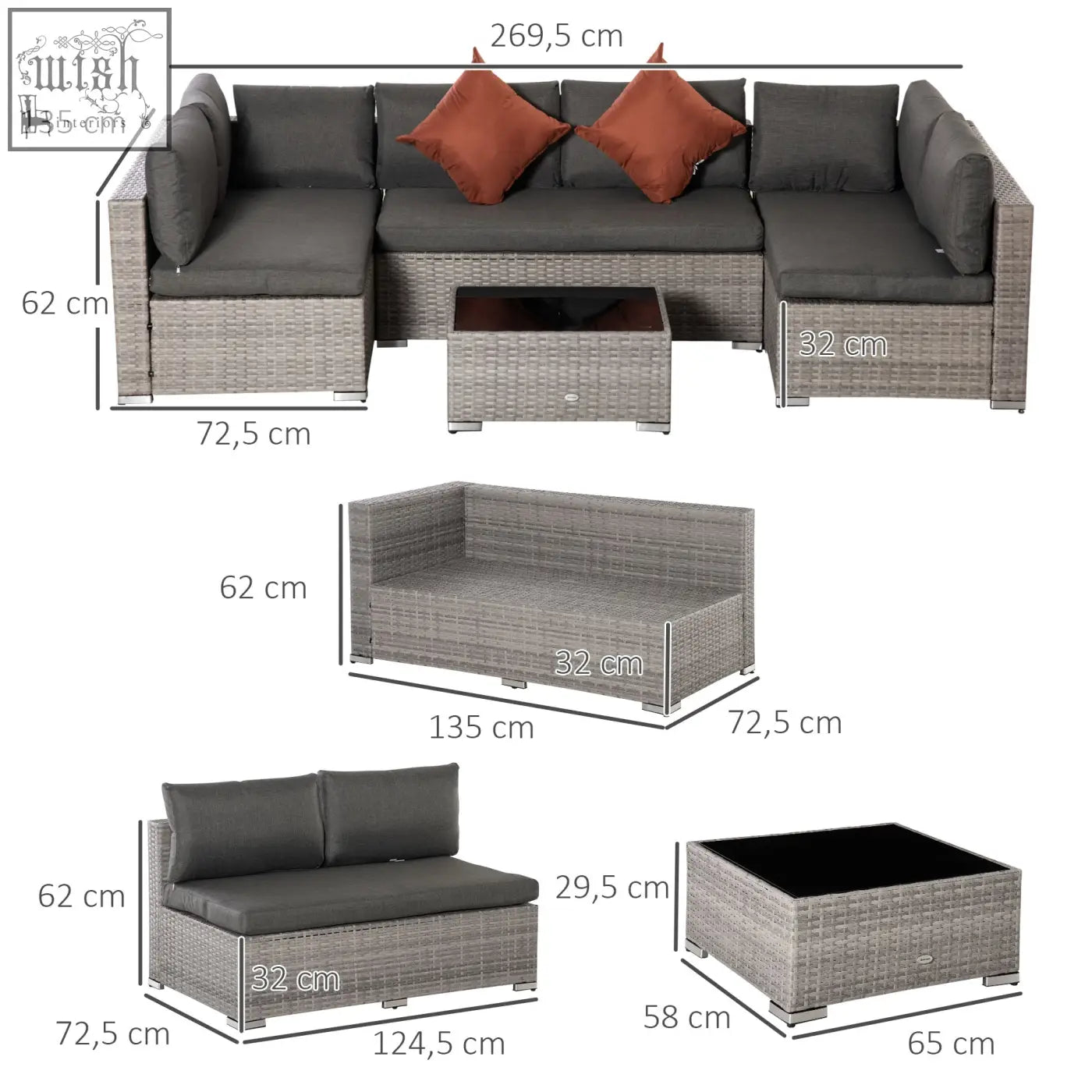 Outsunny mixed grey four-piece half-square rattan sofa set with gray cushions rust pillows double middle sofa coffee table double corner