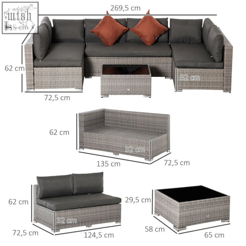 Outsunny mixed grey four-piece half-square rattan sofa set with gray cushions rust pillows double middle sofa coffee table double corner
