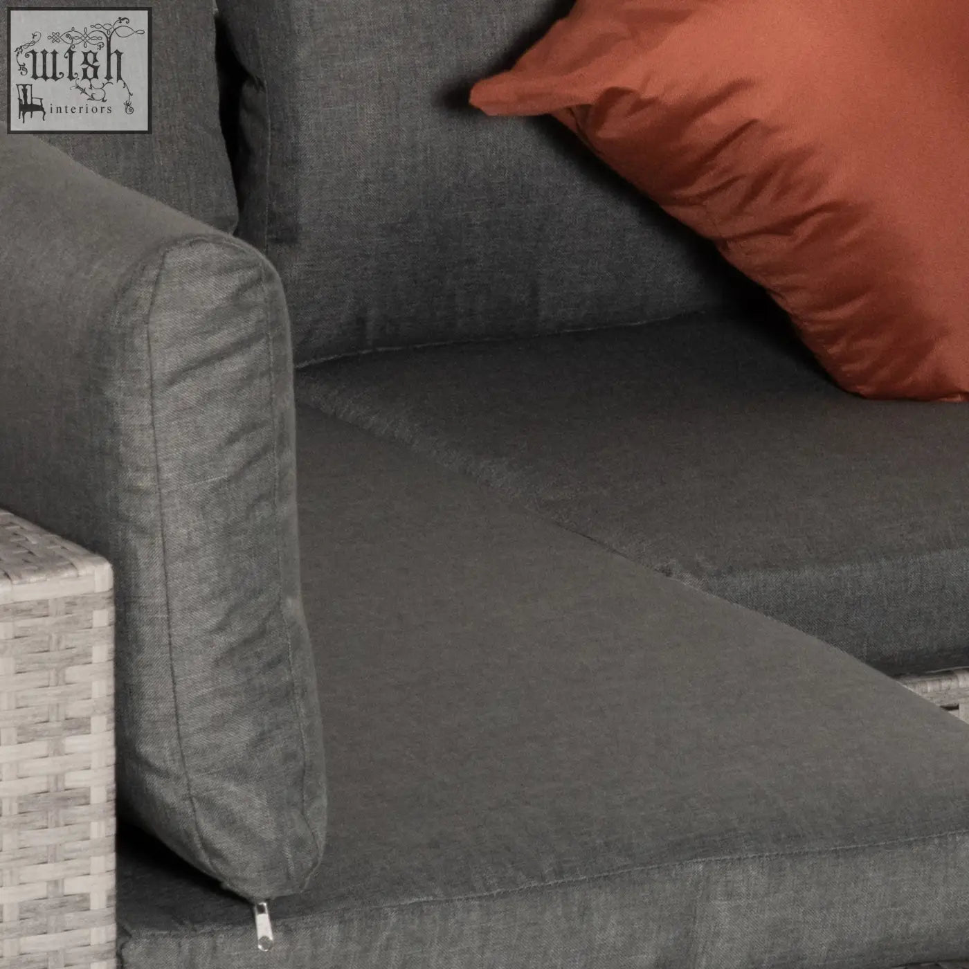 Gray textured fabric cushion with subtle weave and orange pillow on outsunny double middle sofa rattan set mixed grey