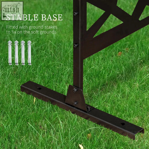 Black metal garden gate base with triangular support two long legs and expansion screws for outdoor privacy screen stability