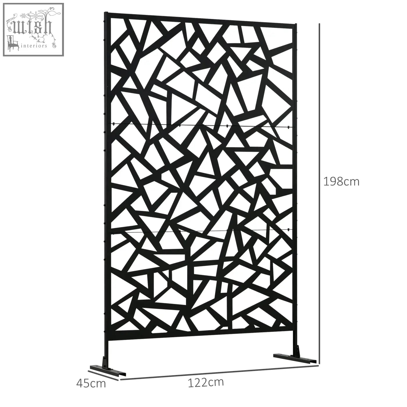 Black metal garden privacy screen with geometric shattered glass pattern and two long legs includes expansion screws
