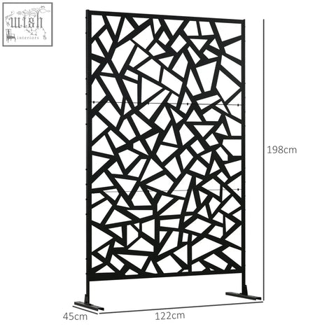 Black metal garden privacy screen with geometric shattered glass pattern and two long legs includes expansion screws