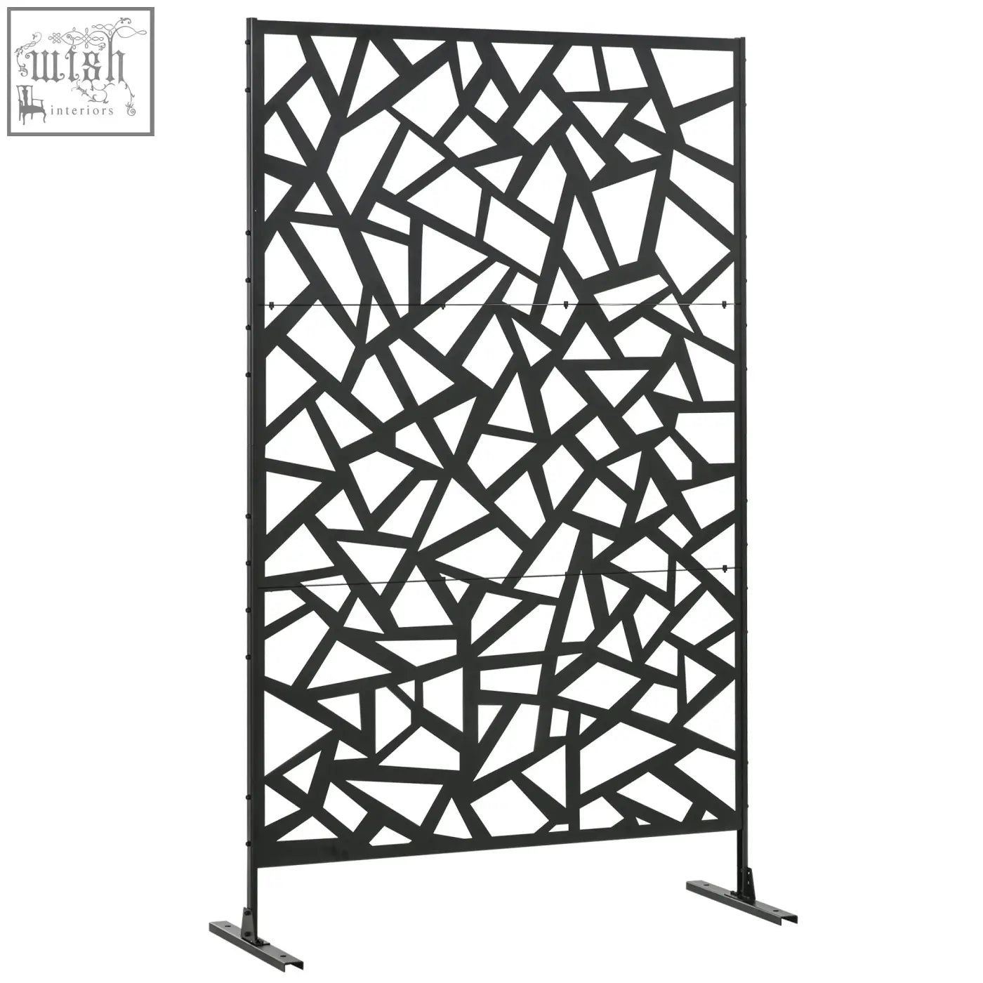 Outsunny black metal patio privacy screen with geometric shattered-glass pattern, two long legs, and expansion screws