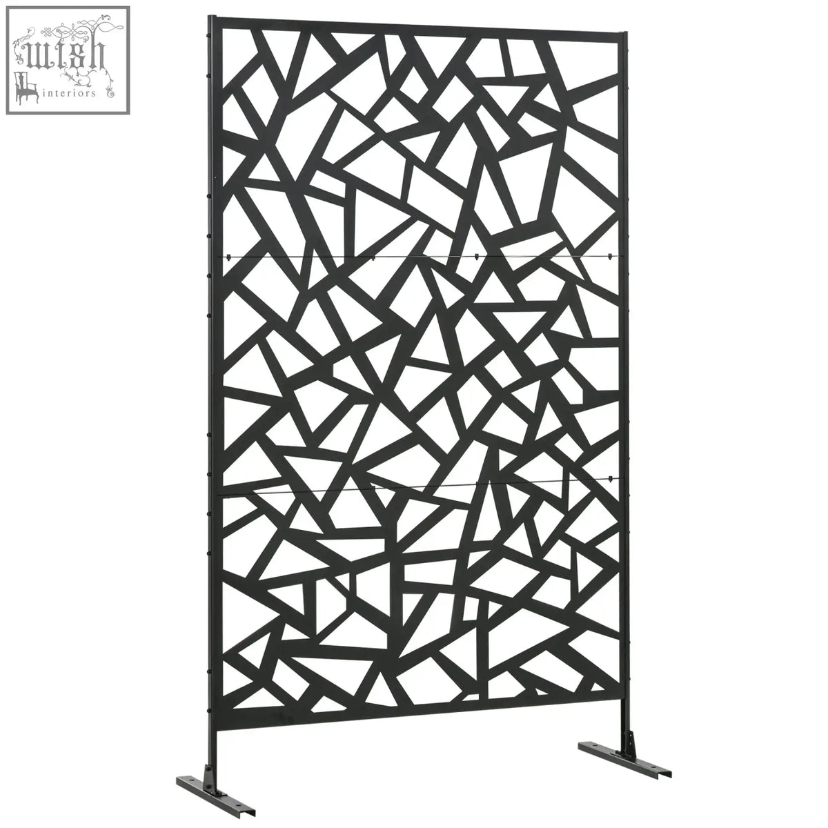 Outsunny black metal patio privacy screen with geometric shattered-glass pattern, two long legs, and expansion screws