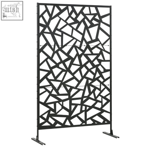 Outsunny black metal patio privacy screen with geometric shattered-glass pattern, two long legs, and expansion screws