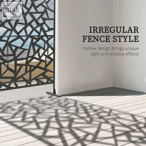 Black metal outsunny freestanding garden privacy screen with irregular pattern two long legs and expansion screws