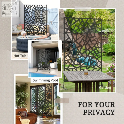 Black metal privacy screen with geometric cutout pattern and two long legs with expansion screws for garden use