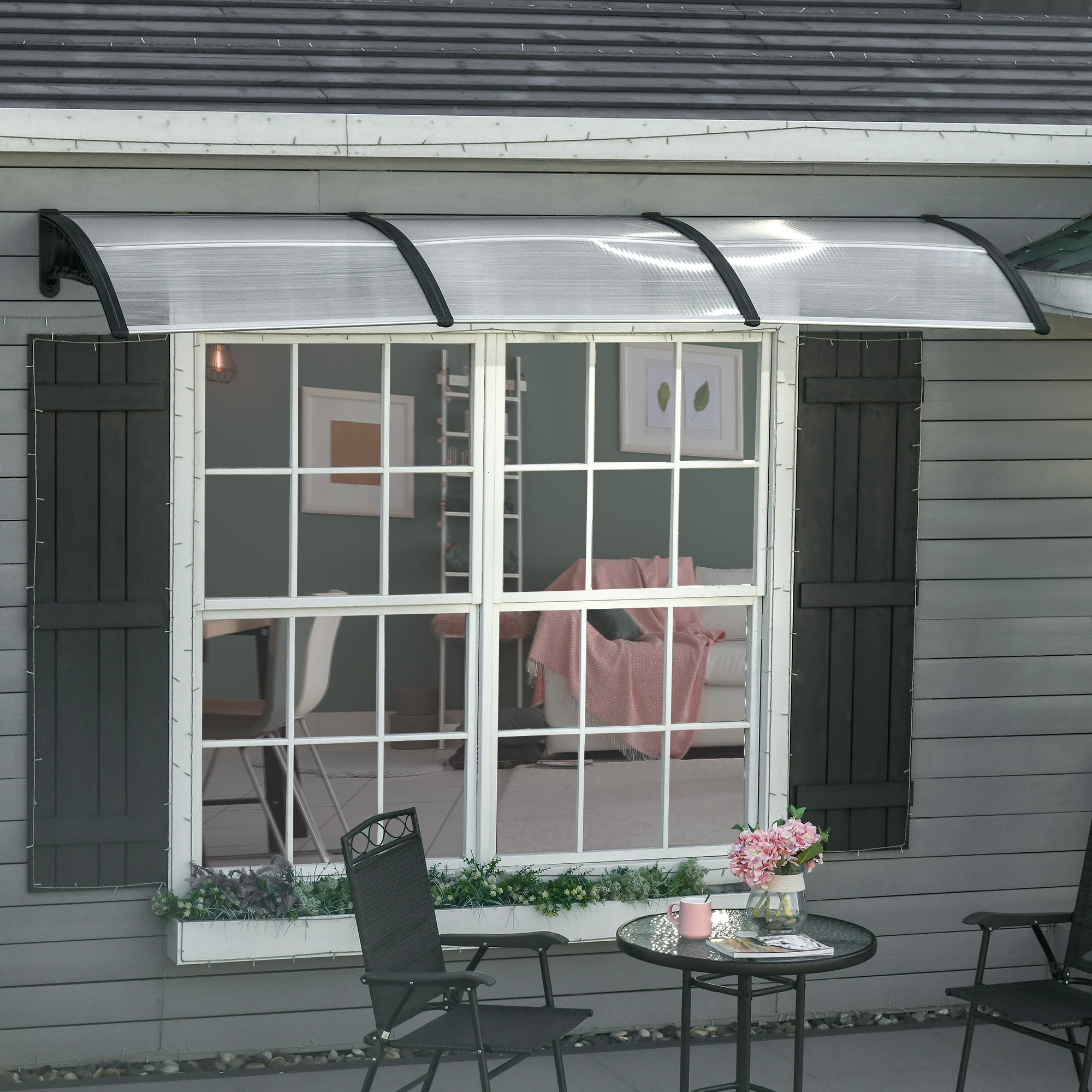 Outsunny clear acrylic door canopy with black aluminium frame and curved shape for porch and front door rain shelter