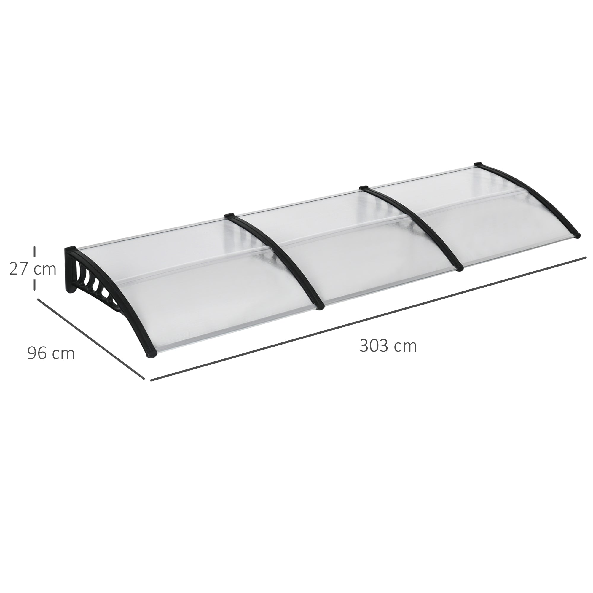 Outsunny front door canopy with black aluminium frame and clear curved shape plastic awning for porch and windows