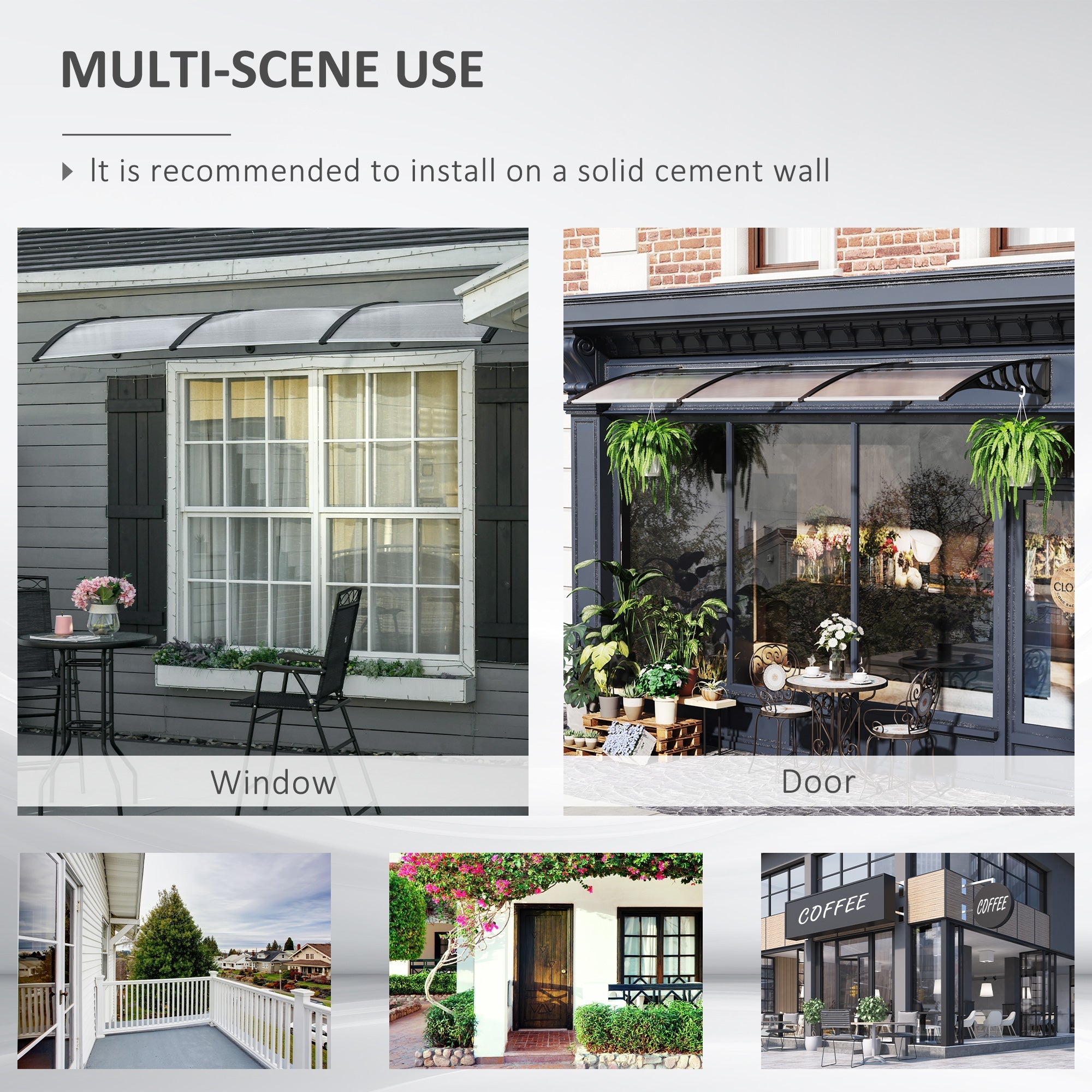 Outsunny front door canopy with clear acrylic curved shape and black aluminium frame for porch and windows
