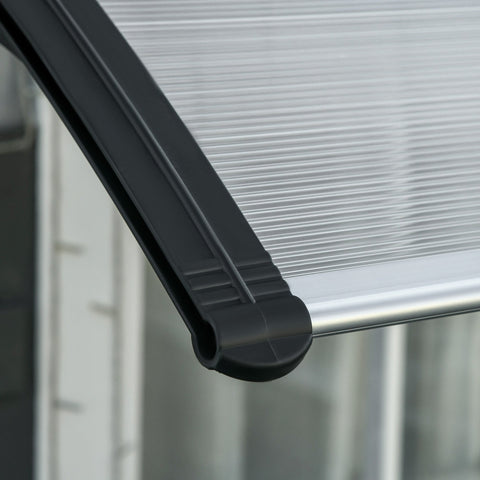 Black plastic ribbed corner bracket securing clear corrugated panel on outsunny door canopy with aluminium frame and curved shape